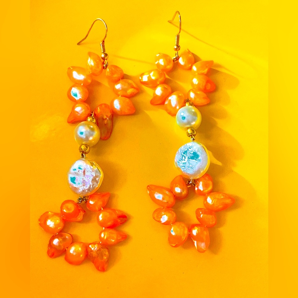 A splendid pair of Biwa pearl captured with Czech glass drop earrings
